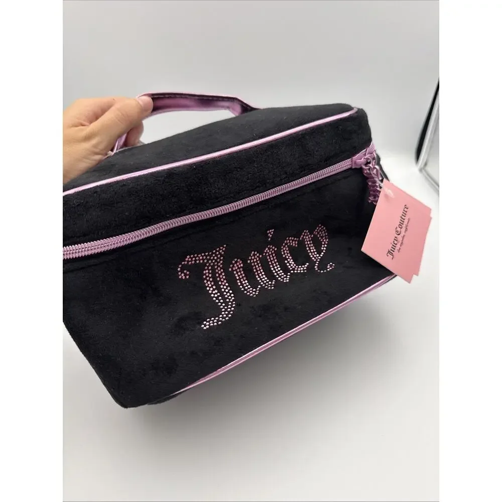 Juicy Couture Black Valour Rhinestone Makeup Bag Train Case Pink Handle NWT